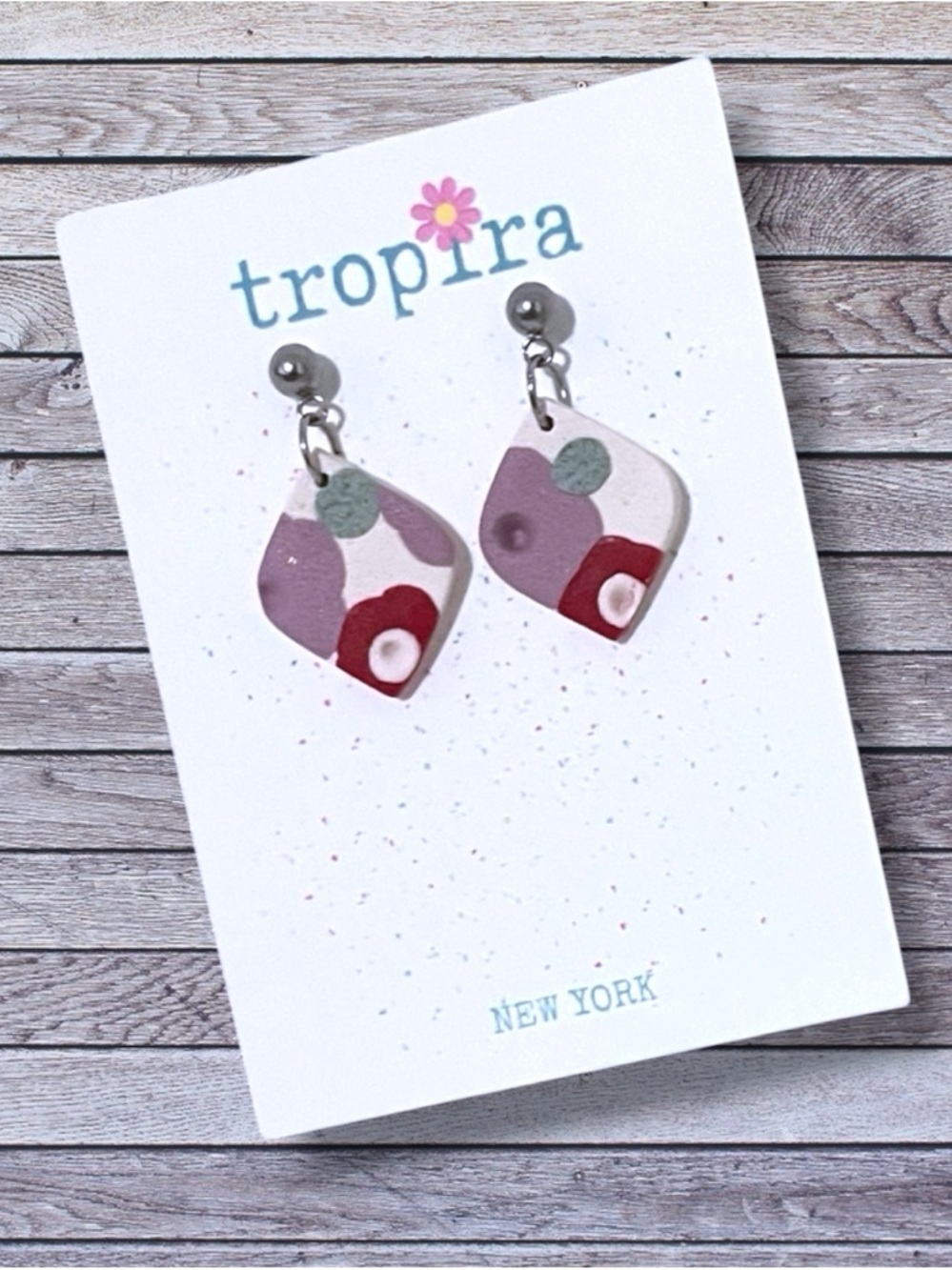 Floral Colorful Abstract Dangle Polymer Clay Earrings - White, Purple, Red, Mint